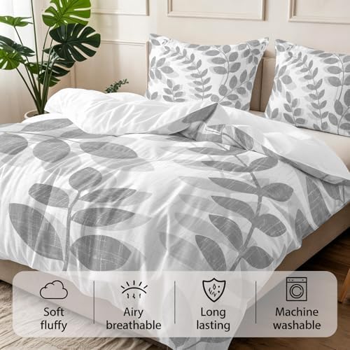 3 Pieces Bedding Set King Size, Gray Leaves Soft Duvet Covers Set with