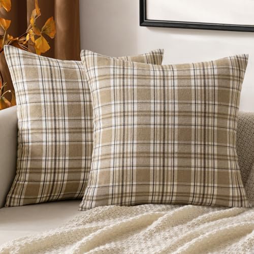 MIULEE Fall Plaid Pillow Covers Scottish Tartan 18x18 Neutral Khaki