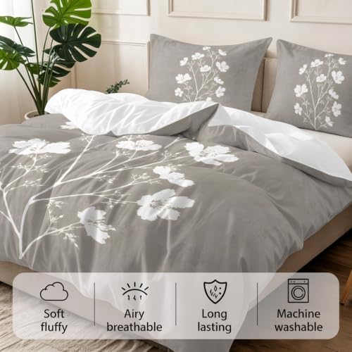 3 Pieces Bedding Set Queen Size, Gray Floral Blossom Soft Duvet Covers
