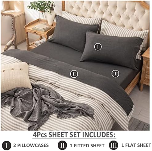 PURE ERA Jersey Knit 4pc Bed Sheet Set 100% T-Shirt Heather Cotton