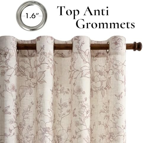 GIGIZAZA Linen Blend Living Room Curtains 96 Inch 2 Panels, Floral