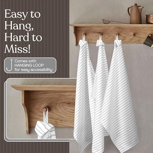 Ash Grey Striped Dish Towels 12 Pack, Ultra Absorbent, Classic Stripe