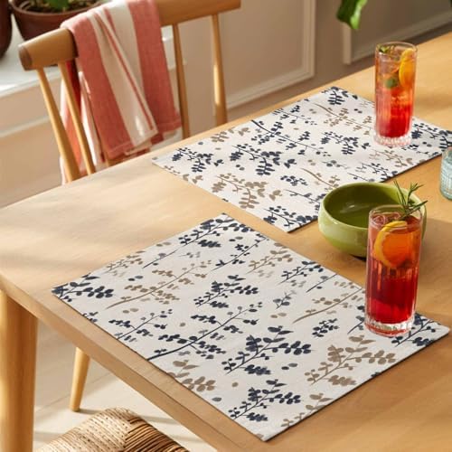 Placemats Set of 8, Grey Brown Botanical Woven Placemat, Linen Place