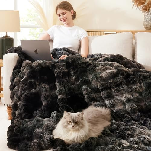 L'AGRATY Faux Rabbit Fur Throw Blanket for Couch, 60'' x 80'', Tie-Dye