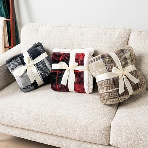 PAVILIA Twin Plaid Sherpa Throw Blanket for Couch Sofa Bed Dark Grey