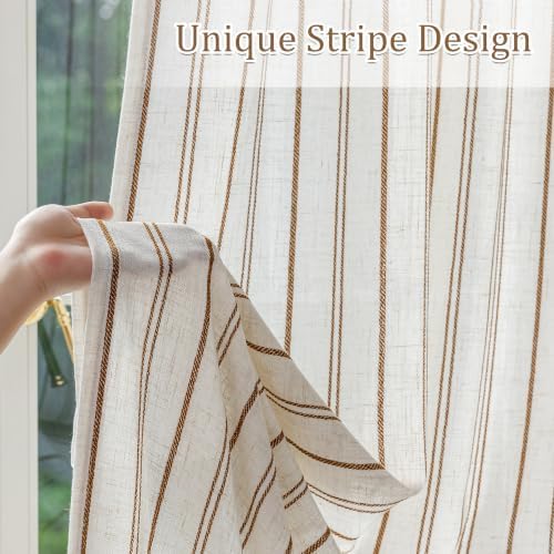 MYSKY HOME Light Brown Striped Linen Curtains for Living Room 96 Inch