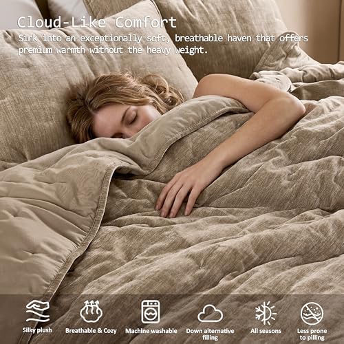 WDCOZY Cloud Soft King Size Quilt Set, Beige Tan Taupe Chenille Velvet
