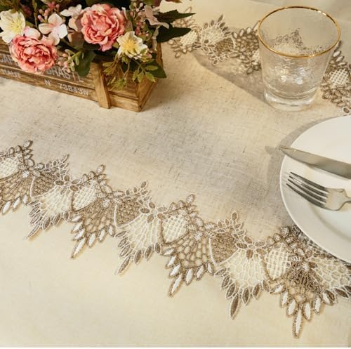 Phantomon Neutral Linen Table Runner 36 Inches Beige Embroidered