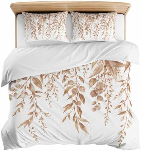 Duvet Cover King Size, Brown Eucalyptus Leaves 3-Piece Bedding