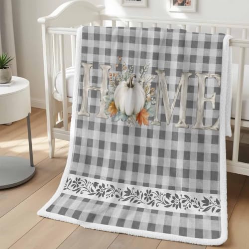 Fleece Sherpa Bed Blankets, Grey Checked Microfiber Plush Flannel