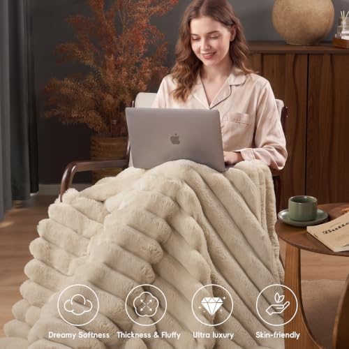 PHF Faux Fur Twin Blanket, 970 GSM Double-Sided, 60" X 80",Oak