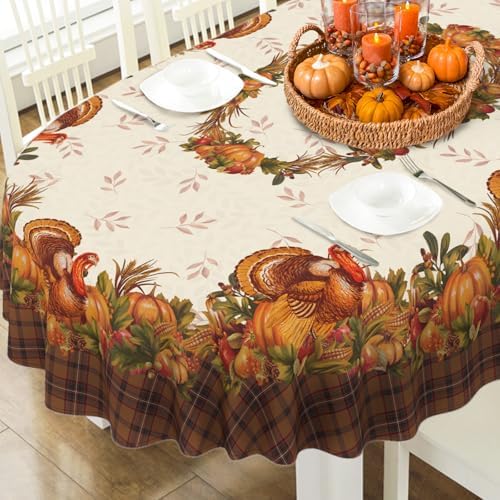 Thanksgiving Turkey Tablecloth Vintage Fall Pumpkin Table Cloth for