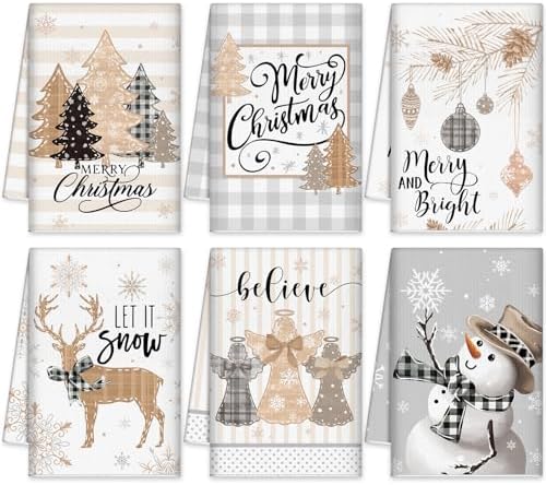 FuWeave 6 Pcs Neutral Christmas Kitchen Towels Farmhouse Winter Dish