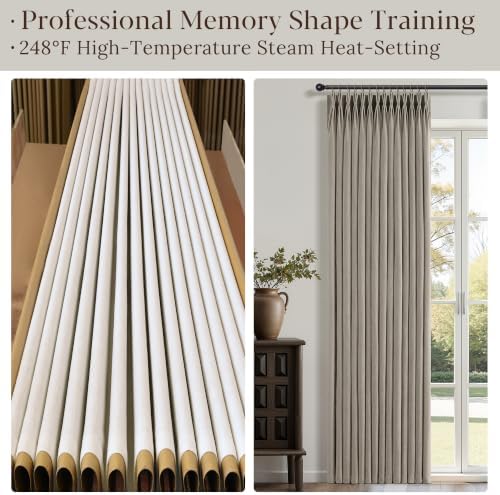Grey Beige Pleated Linen Curtains 120 Inch Length 2 Panels Set Semi
