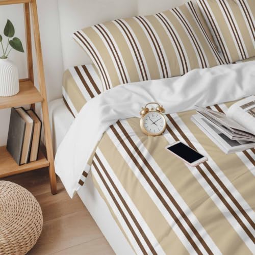 Sand Beige Stripes King 4 Piece Duvet Cover Set, Brown White Khaki