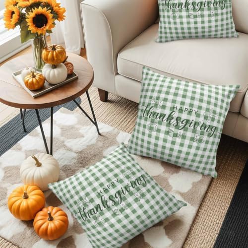 Happy Thanksgiving 16x16 Pillow Covers Set of 2, Green Plaid Fall