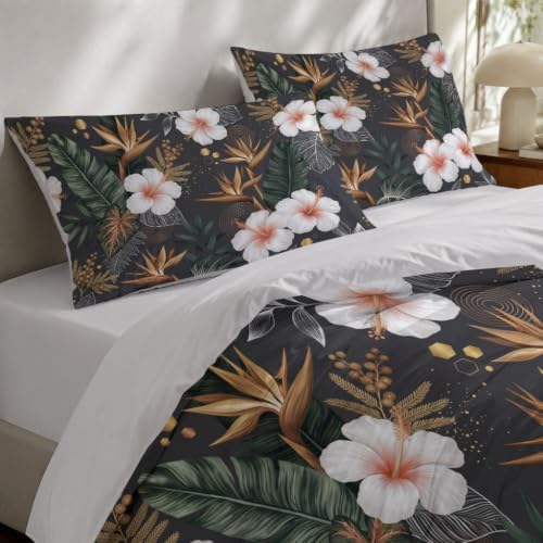Duvet Cover Set King Grey Tropical Flowers Bedding