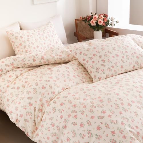 Floral Duvet Cover Set Queen Size, 3 Pieces Pink Flower and Green Leaf