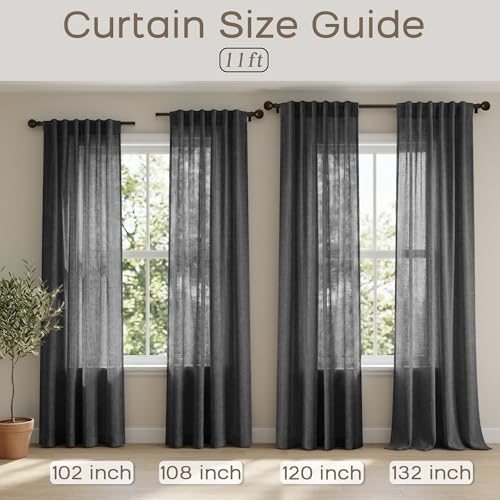 Dark Grey Linen Curtains 108 Inches Long 2 Panels Set, 9FT Extra Long
