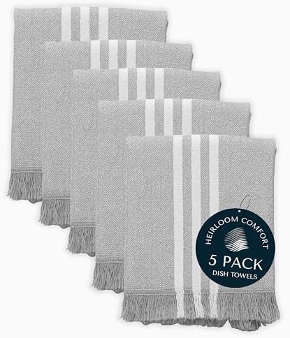 5 Pack Monochrome Stripe Kitchen Towels with Fringes, 16x26 Inch, 100%