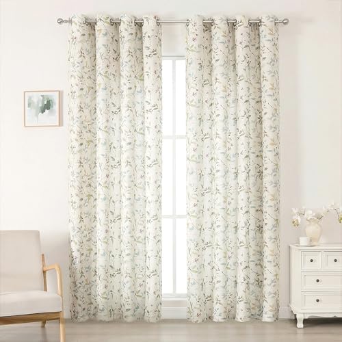 OWENIE Cream Light Filtering Floral Curtains 84 Inches Long 2 Panels