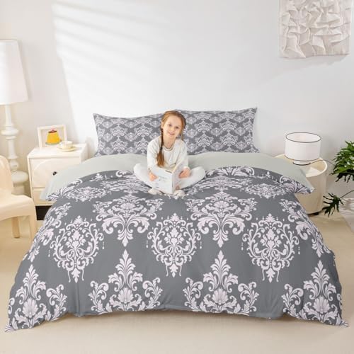 jejeloiu Vintage Damask Duvet Cover Full Size Bohemian Damask Print