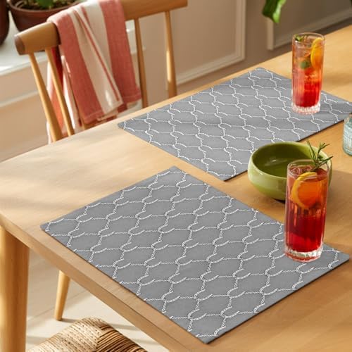 Grey Plaid Placemats Set of 8, Modern Abstract Minimalist Geometric