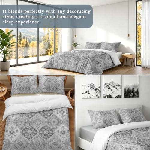 DecorLovee Grey Boho Duvet Cover Set 3 Pieces with Zipper Closure