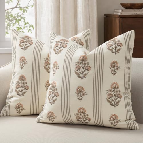 Vintage Throw Pillow Covers 20x20 Set of 2, Striped Floral Fall Pillow