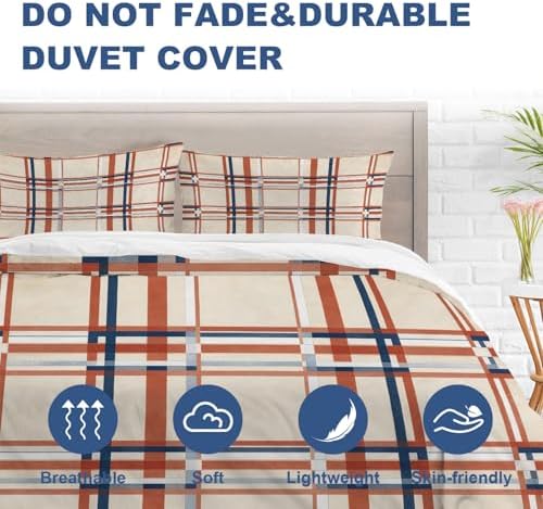 Batmerry Plaid Twin Size 100% Cotton Duvet Cover Sets, Red Blue Cream
