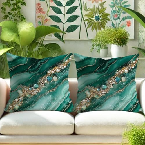 Elegant Pillow Covers Set of 2, Emerald Green Geode Abstract Throw