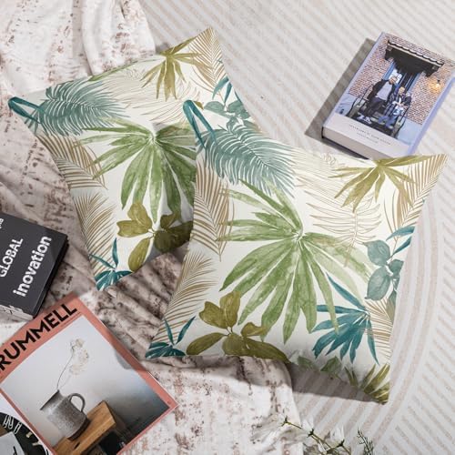 Tropical Pillow Covers 22X22 Set of 2, Green Blue Teal Brown Palm Leaf