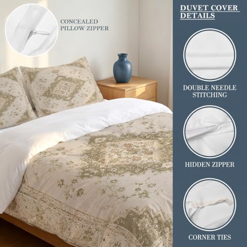 Sage Green Beige Boho Duvet Cover Set 3 Pieces with Zipper Closure