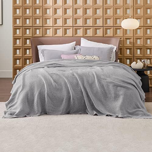 Bedsure 100% Cotton Blanket, Waffle Weave, King Size, Grey, 104"x90"
