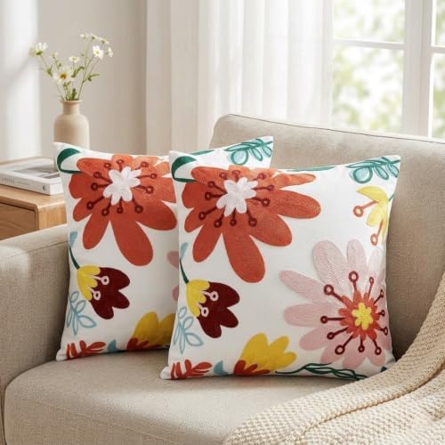 White Red Floral Embroidered Pillow Covers 18x18 inch Set of 2