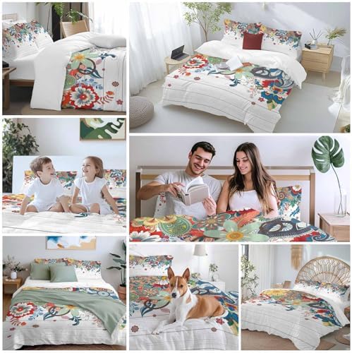 Boho Flowers Bedding Full Duvet Cover Set, 3 Piece Microfiber Soft