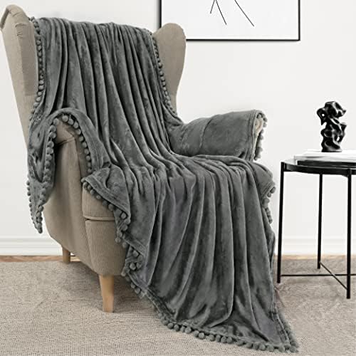 PAVILIA Fleece Throw Blanket for Couch with Pom Pom Fringe, Dark Grey
