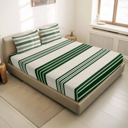 Queen Fitted Sheet Deep Pocket, Forest Green and Beige Stripe Soft