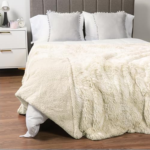 PAVILIA Cream Beige Fluffy Fuzzy Faux Fur King Size Blanket for Bed
