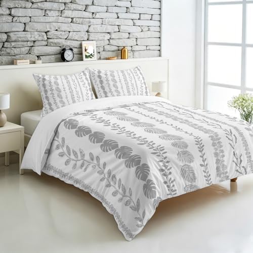 3 Pieces Bedding Set King Size, Grey Botanical Soft Duvet Covers Set