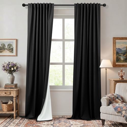 Black Linen Blackout Curtains 120 Inches Long 2 Panels Burg for Living