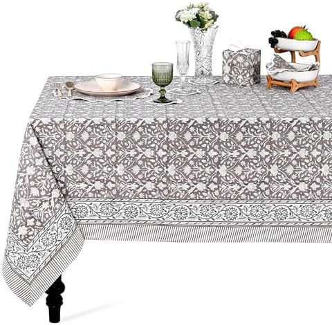 Ridhi Taupe Hand Block Print Rectangle Tablecloth 108x70 Inch