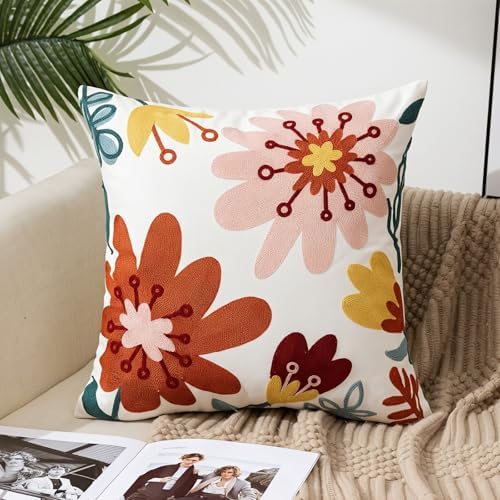 White Red Floral Embroidered Pillow Covers 18x18 inch Set of 2