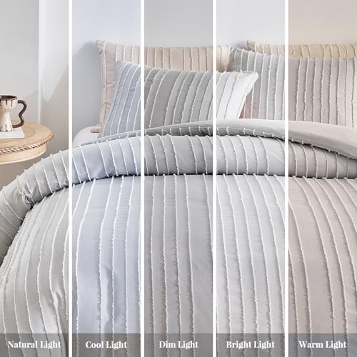 WARMDERN Lightgrey Boho Duvet Cover Full Size, Striped Tufted Bedding