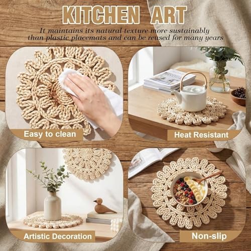 Set of 8 Round Woven Placemats Corn Husk 11.8'', Ruffled
