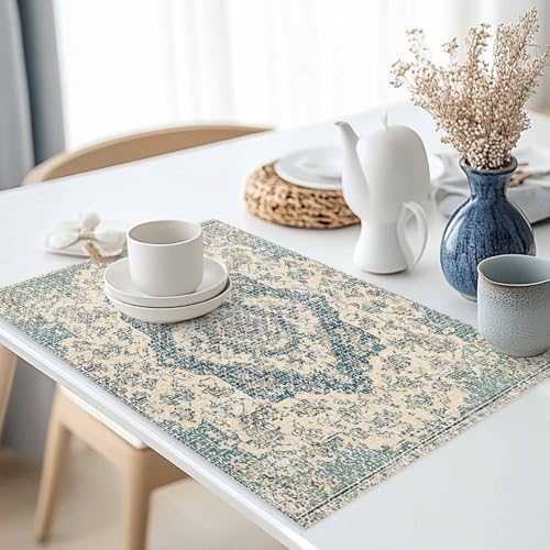 Placemats Set of 8, Beige Green Boho Woven Placemat, Linen Place Mats