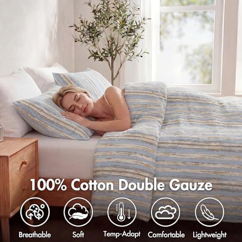 Herside 100% Cotton Striped Duvet Cover Set King Size, Gray Blue