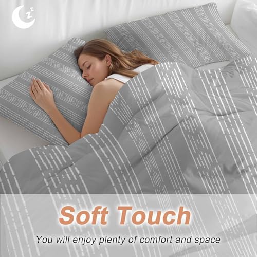 Gray Striped Bed Duvet Cover Queen Size Bedding Set, 3 Pieces Washed