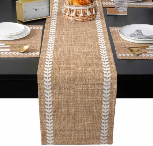 Boho Linen Table Runner and Placemats Set of 6 Leaf Stripes Linen