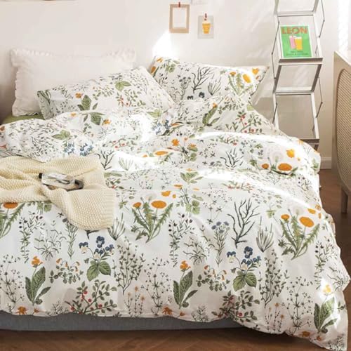 Floral Duvet Cover King Size - Blue Green Yellow White Flower Leaf